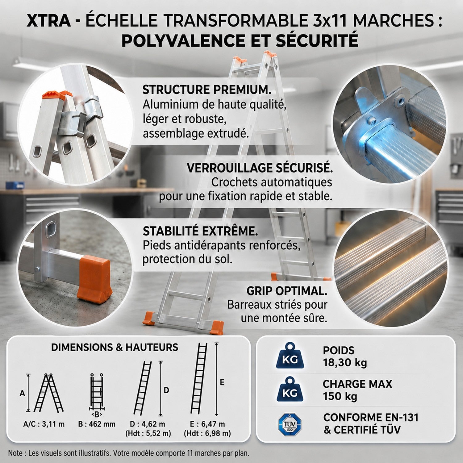 XTRA Echelle transformable en aluminium 3 plans 11 marches - 2