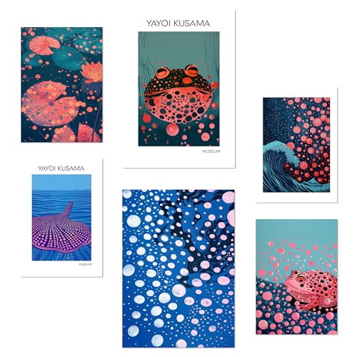 Set de 6 yayoi kusama fish water nature blue japanise pósters con ilustración de diseño para decorar habitaciones a3 y a4 sin marco