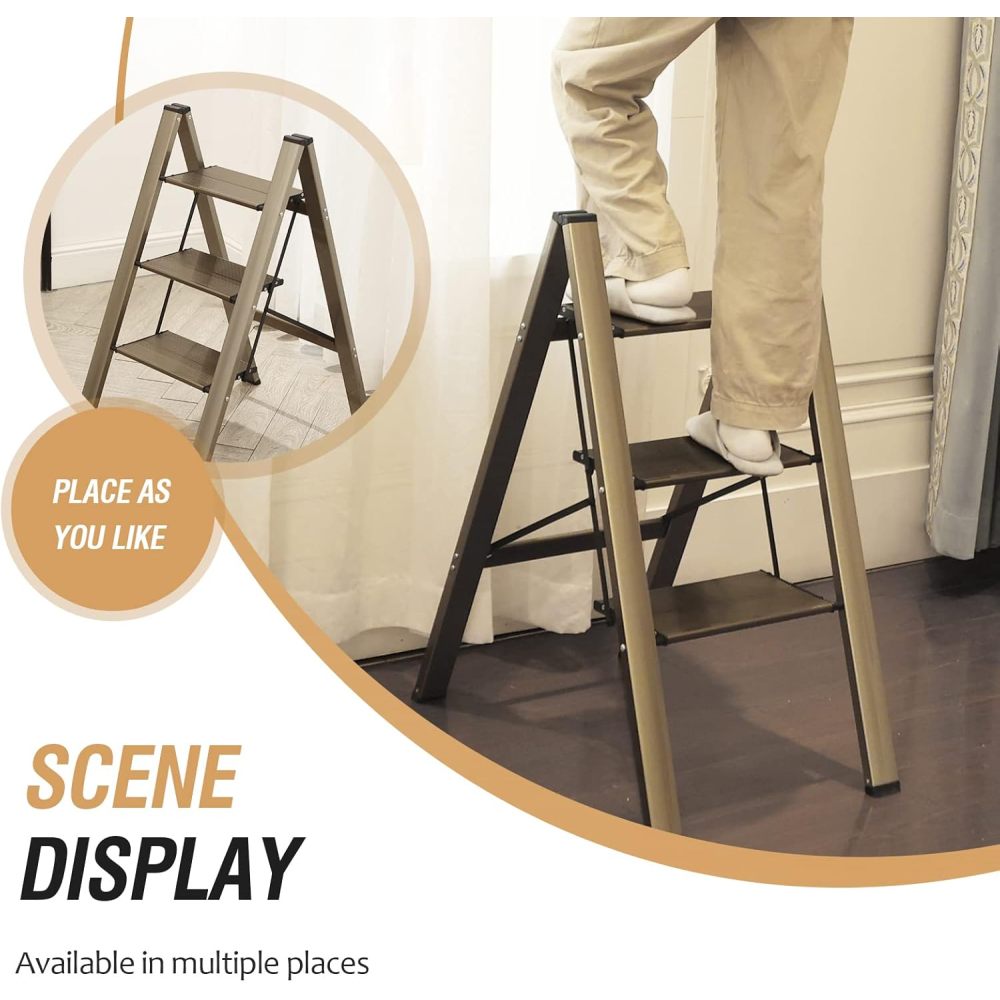Escabeau pliant 3 marches avec larges pédales antidérapantes, léger, portable, 150 kg, maison et cuisine - 6