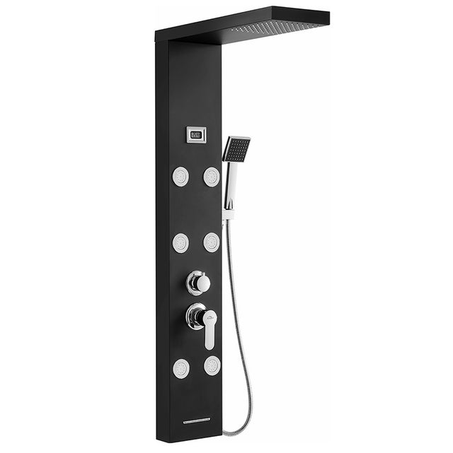Colonne de Douche Noir,Panneau de Douche Acier Inox Multifonction avec Écran LCD, Colonne Douche Hydromassante avec Mitigeur et Buses Massants