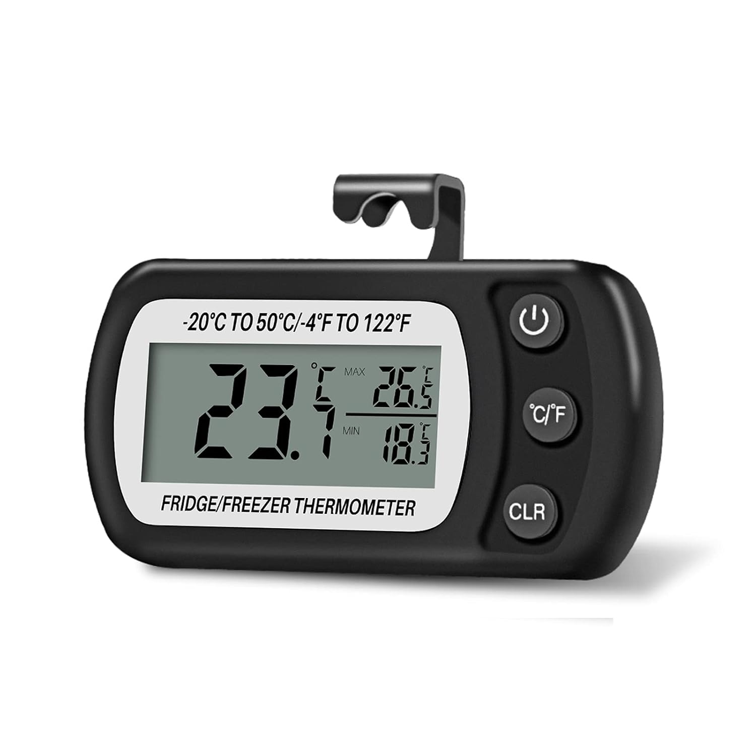 Cyfrowy termometr do lodówki i zamrażarki Frigidaire, zakres temperatur od -20 do 50 °C, z haczykiem, łatwy do odczytania wyświetlacz LCD, funkcja na