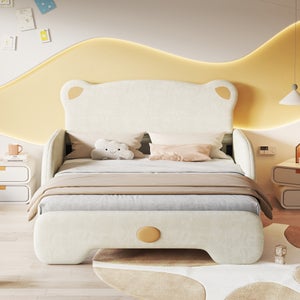 Lit Enfant 90x200 En Forme D'ours - Lit Capitonné En Velours Doux, Gris, Design Mignon Et Sécurisé