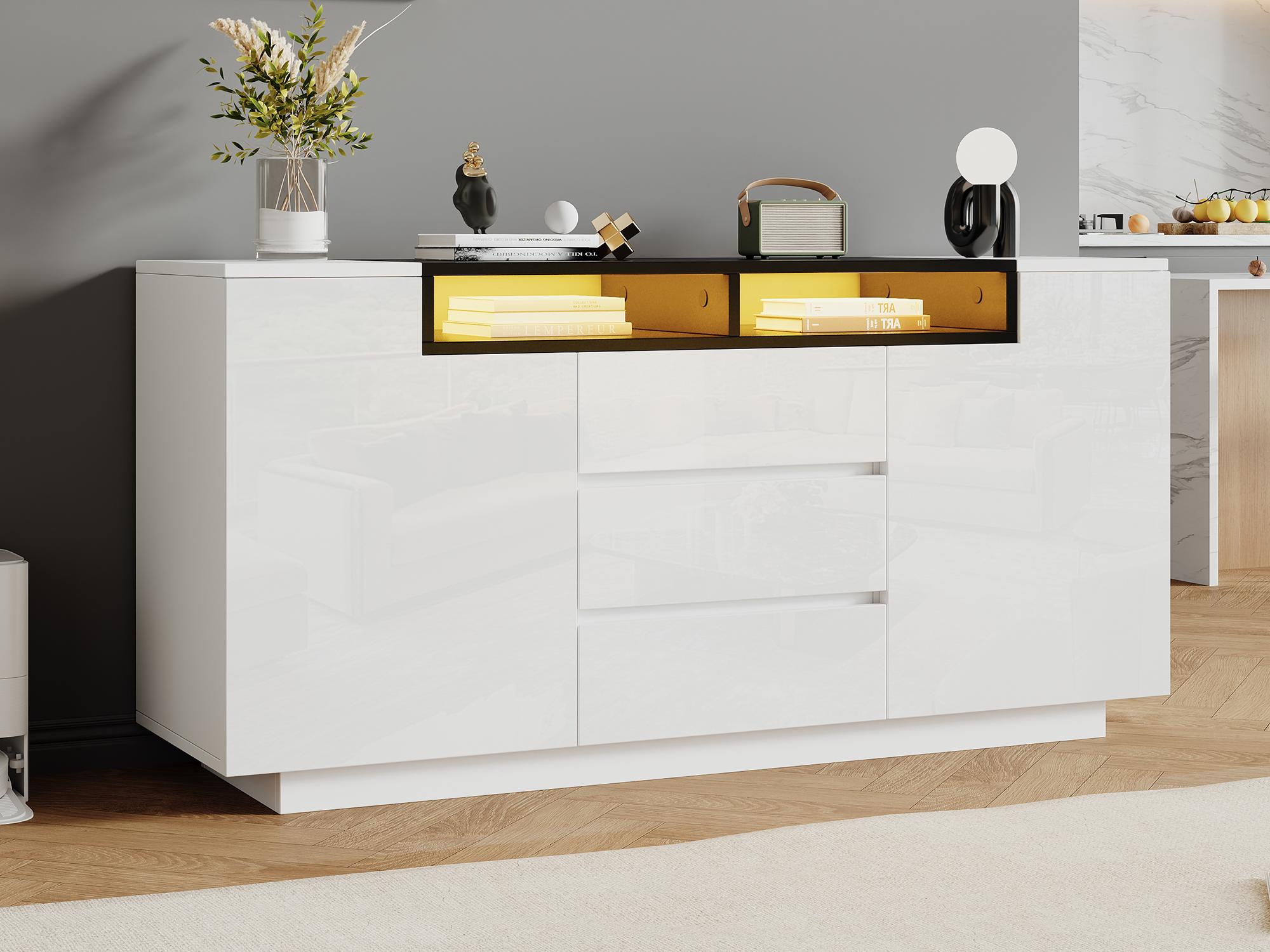 Komoda z połyskiem 140 x 60 x 48 cm - 2 drzwi i 3 szuflady - z oświetleniem LED - Regulowane półki - Biały + Czarny