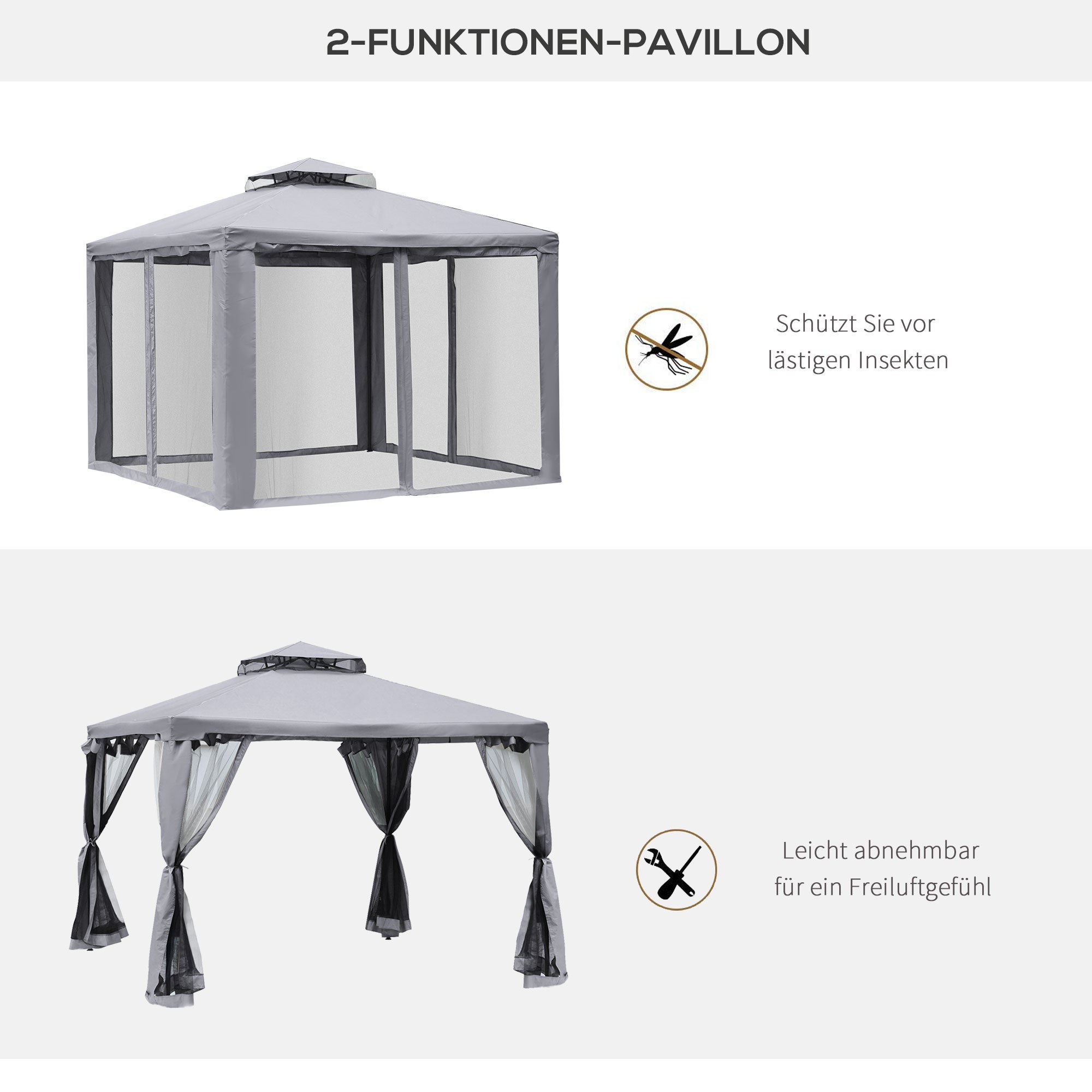 Pérgola de aluminio con 4 paredes laterales 300x300cm resistente al clima metal y poliéster gris claro para jardín y eventos - 4
