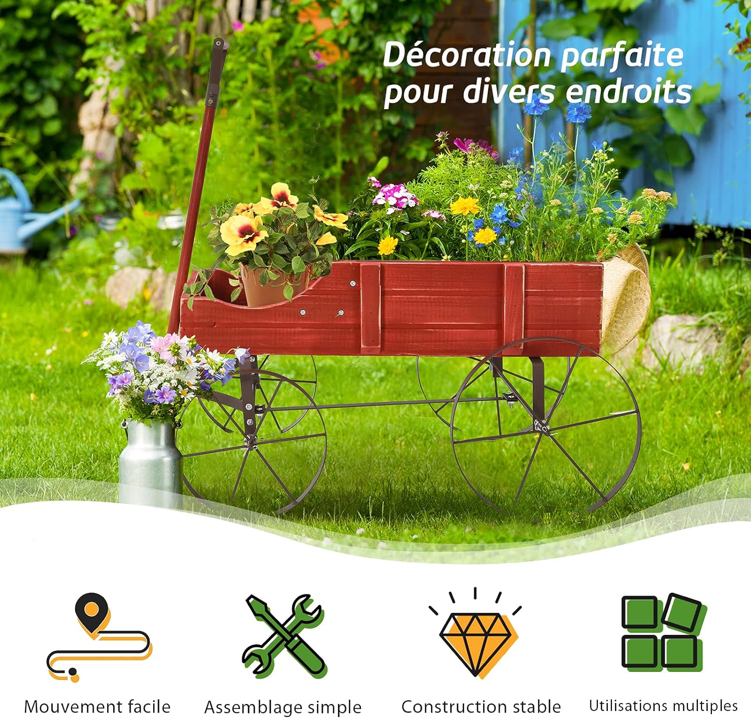 Brouette décorative avec 2 compartiments à planter roues métalliques poignée charge 15kg rouge - 8