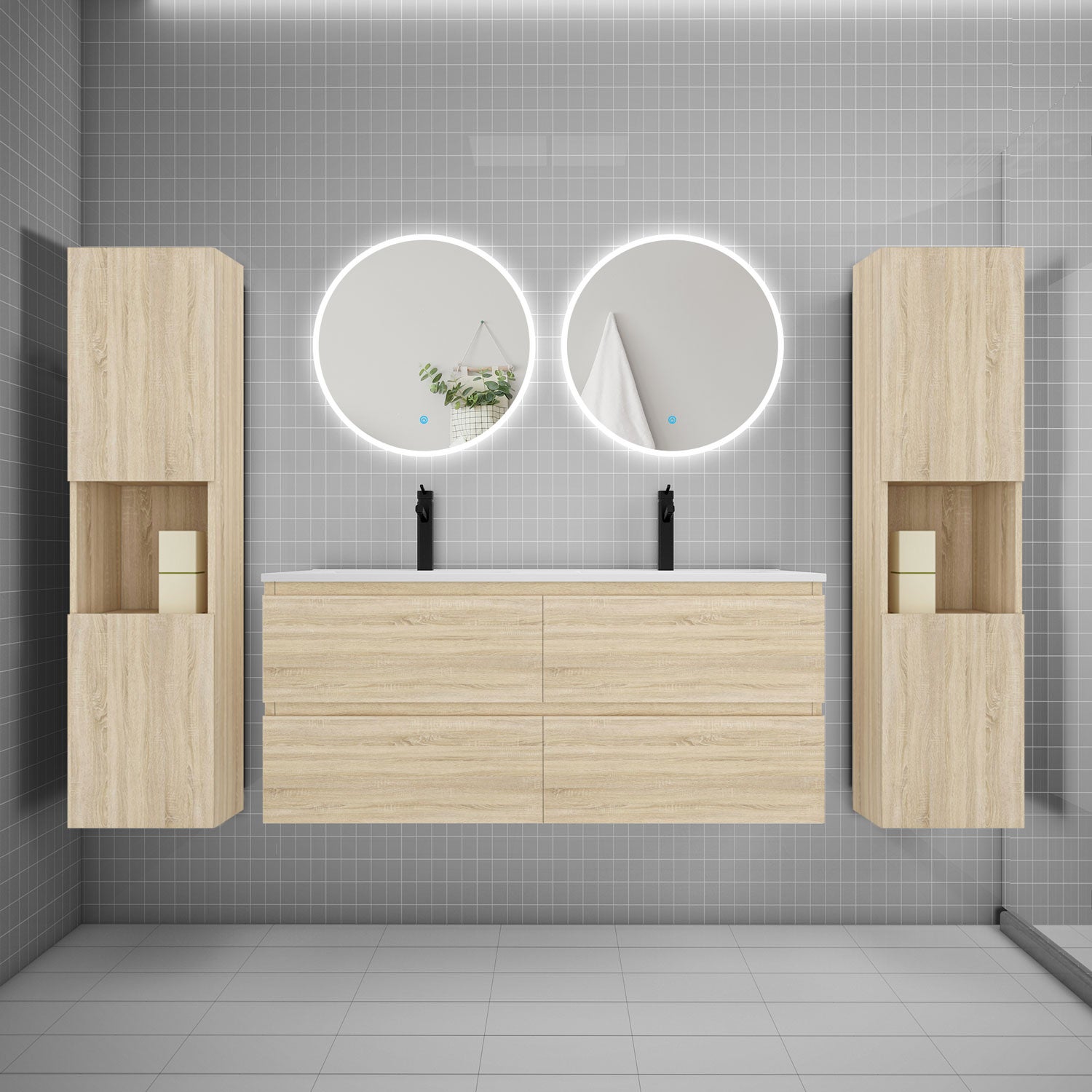 Ensemble meuble 150 cm + 2 vasques et 2 miroirs laqué gris