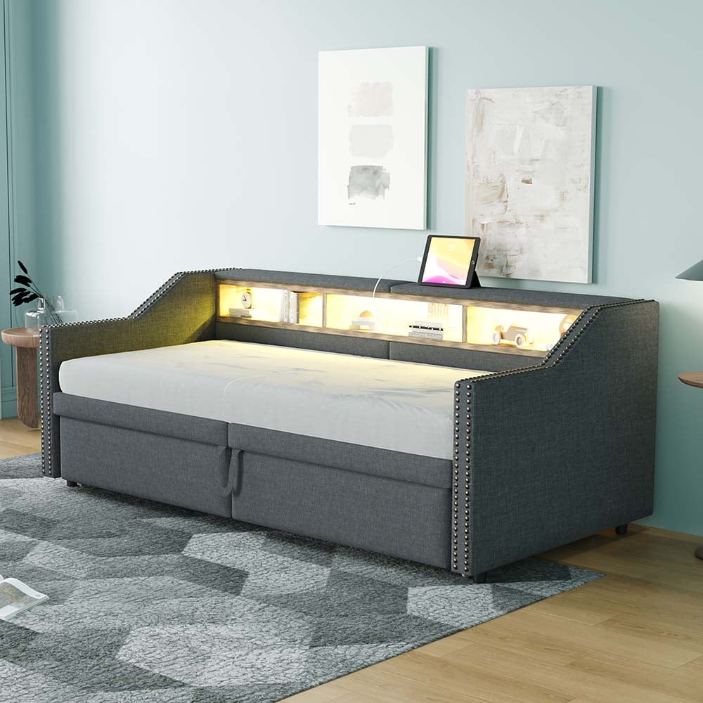 Lit Cofe 90x200cm - Avec Prise - Avec Compartiment De Rangement Avec Eclairage Led Blanc Sans Matelas