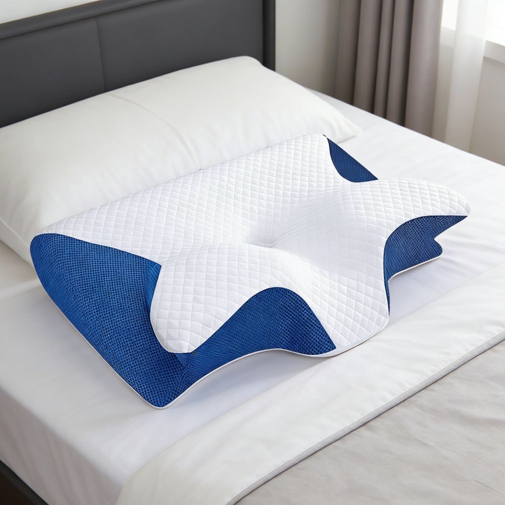 Oreiller anti-apnée du sommeil, mousse à mémoire avancée respirante, soutien orthopédique profilé pour dormeurs de côté, bleu, housse lavable amovible - 3