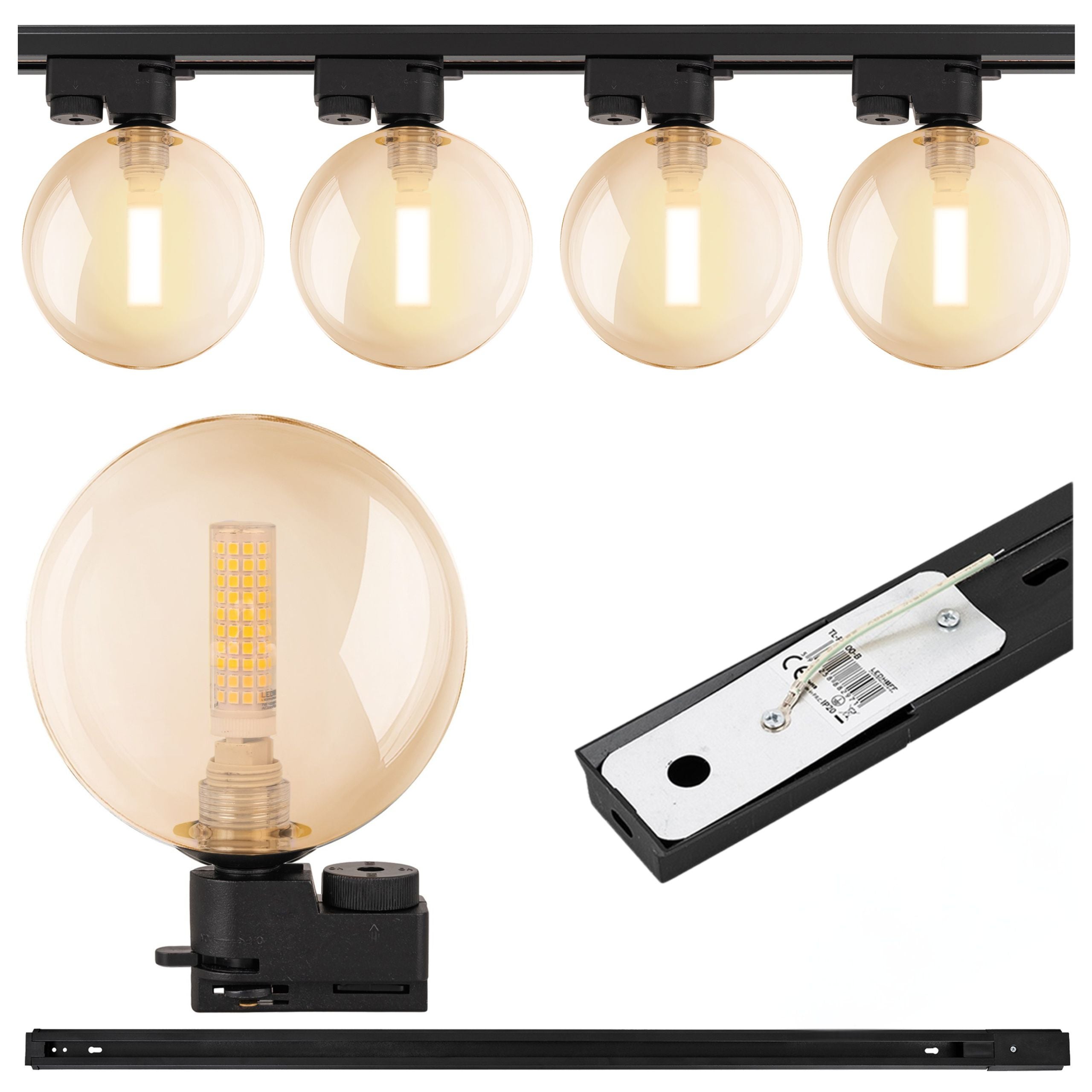 Lampa szynowa wisząca 4x BURSZTYNOWA KULA klosz G9 + szynoprzewód 1m Oprawa szklana AMBER okrągła OZDOBNA - LEDHOFF