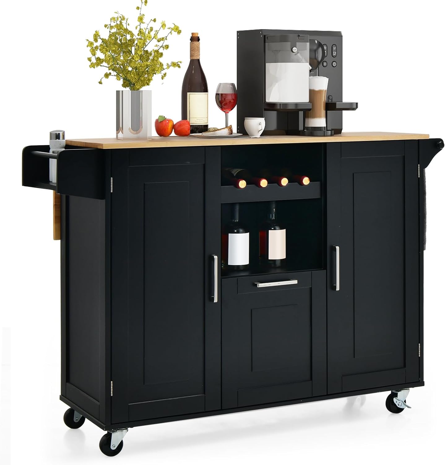 Wózek Kuchenny na Kółkach 130 x 74 x 90 cm ze Składanymi Regałami – Uchwyt na Butelki / 2 Szafki z Drzwiami / Uchwyt w Kolorze Czarnym