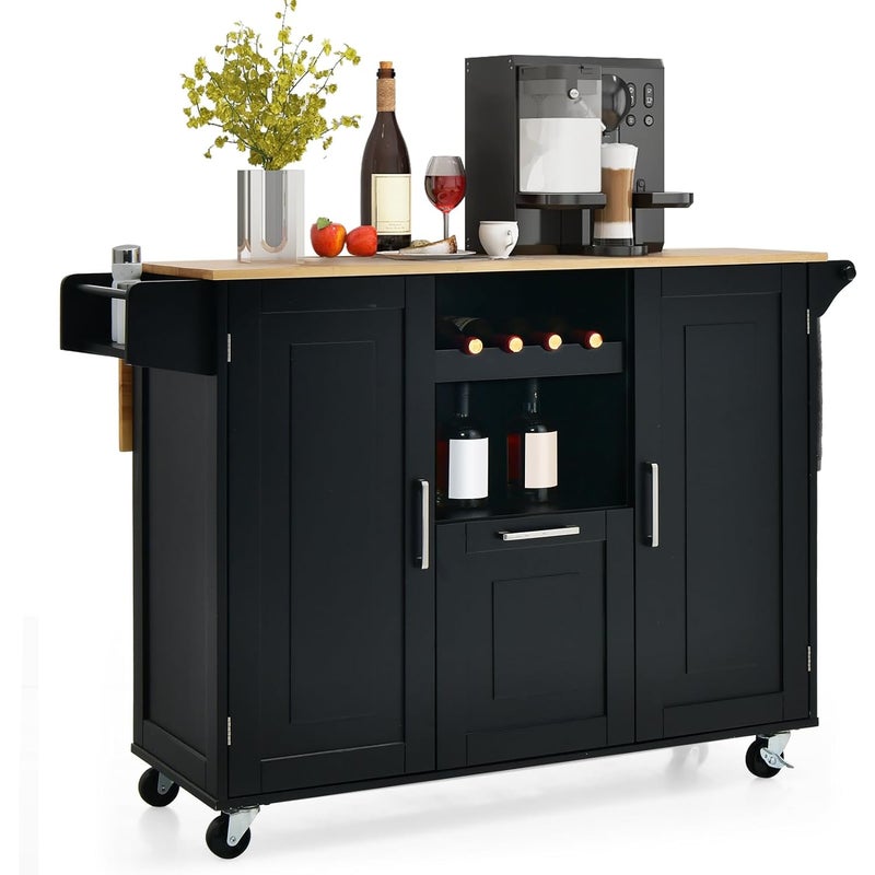 Wózek Kuchenny na Kółkach 130 x 74 x 90 cm ze Składanymi Regałami – Uchwyt na Butelki / 2 Szafki z Drzwiami / Uchwyt w Kolorze Czarnym