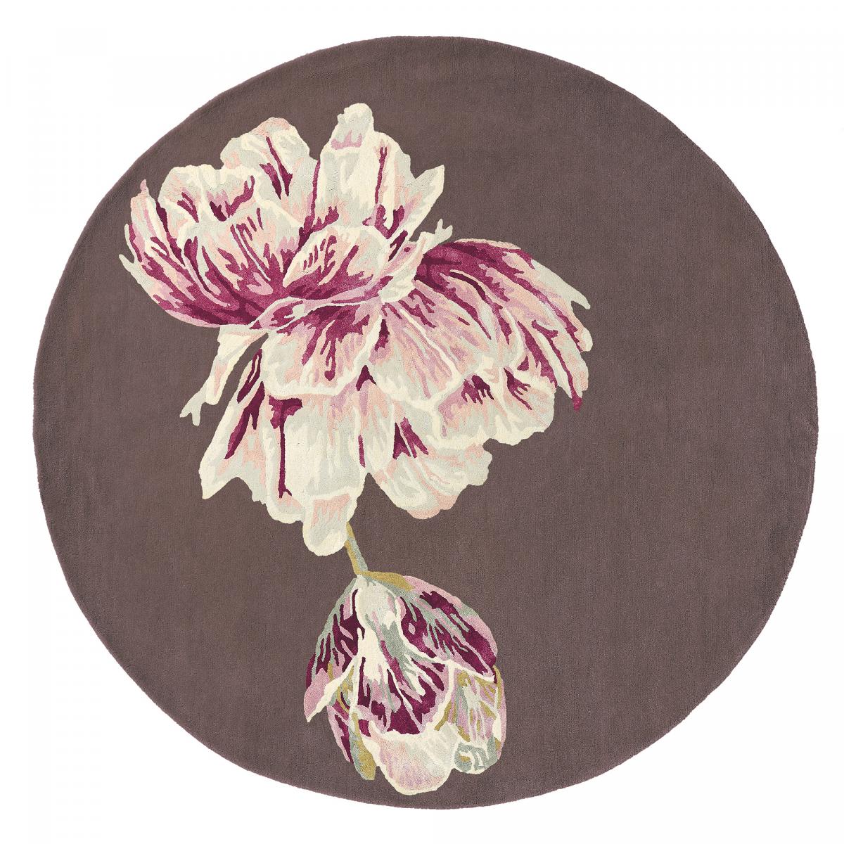 Tapis retro motif à fleurs rond taupe 160 cm de diamètre