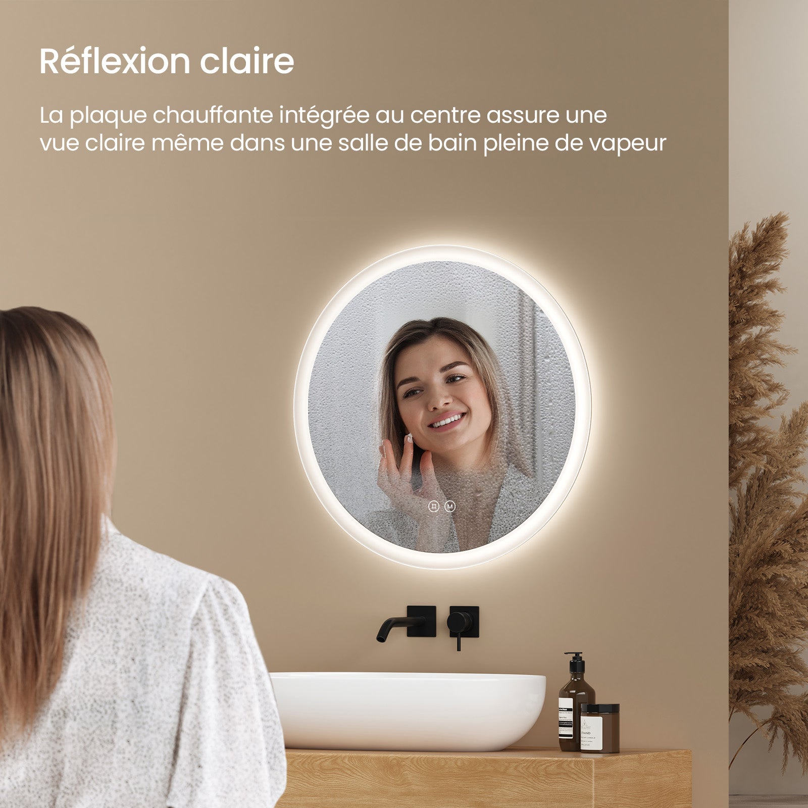 EMKE Miroir lumineux salle de bain rond diamètre 50cm, Miroir LED avec Interrupteur Tactile, Anti-buée, Miroir avec éclairage 3 couleurs - 4