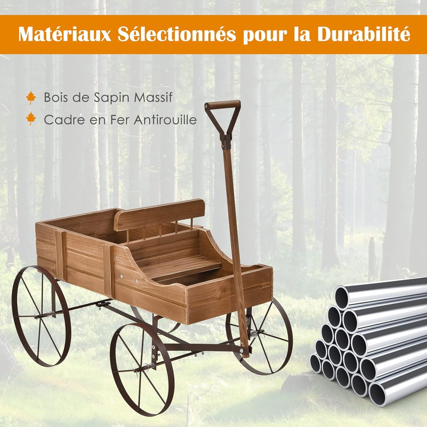 Brouette Décorative en Bois- 35×62,5×60cm- 2 Compartiments à Plantere-Jardinière Forme Brouette Chariot-Jusqu’à 15kg-Marron - 2
