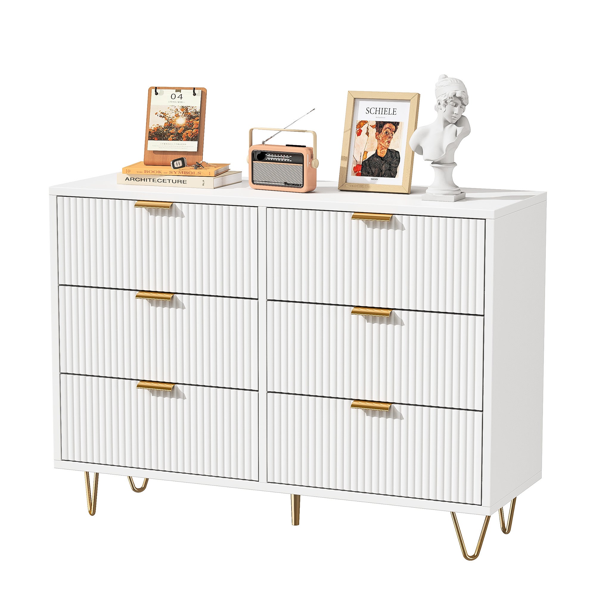 Commode à 6 tiroirs - 100 x 34 x 73 cm - avec poignées et pieds en métal doré - designe moderne armoire- blanc-pour Chambre à Coucher, Salon - 8