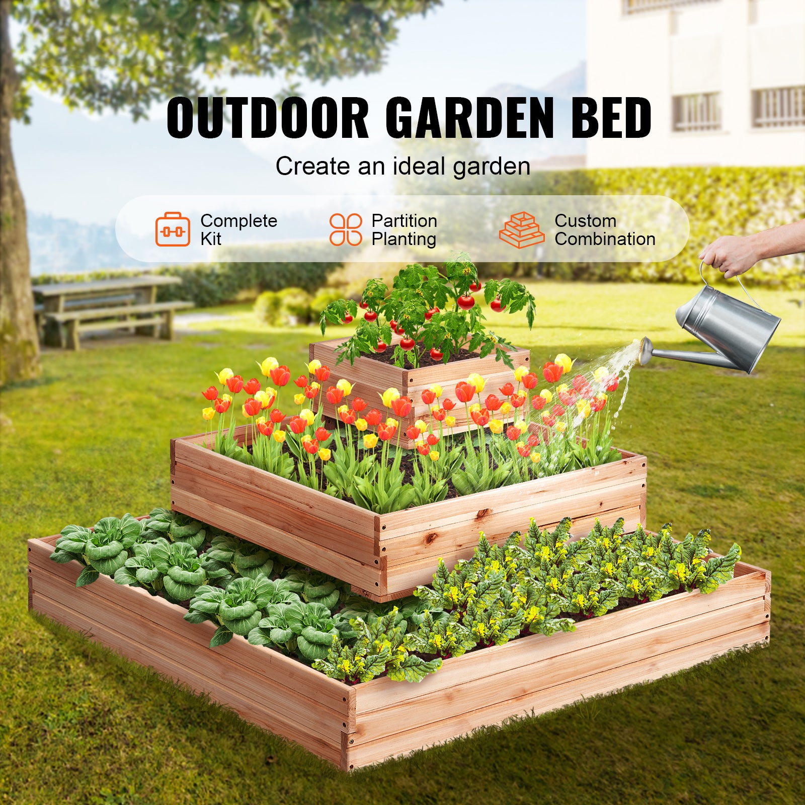 Jardinière surélevée SucceBuy 3,7 x 3,7 x 1,7 pi,jardinière en bois pour fleurs/légumes/herbes aromatiques,base ouverte pour jardin/terrasse/balcon - 4