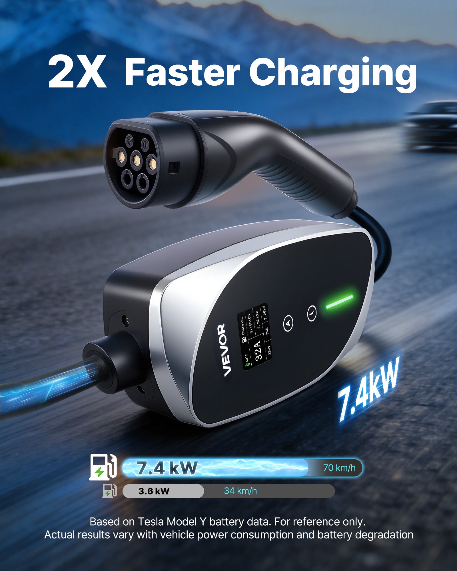 Carregador automóvel elétrico VEVOR 7,4 kW 32 A Estação móvel carregamento veículos elétricos, cabo carregamento tipo 2 6 m, ficha CEE monofásica 32 A - 2
