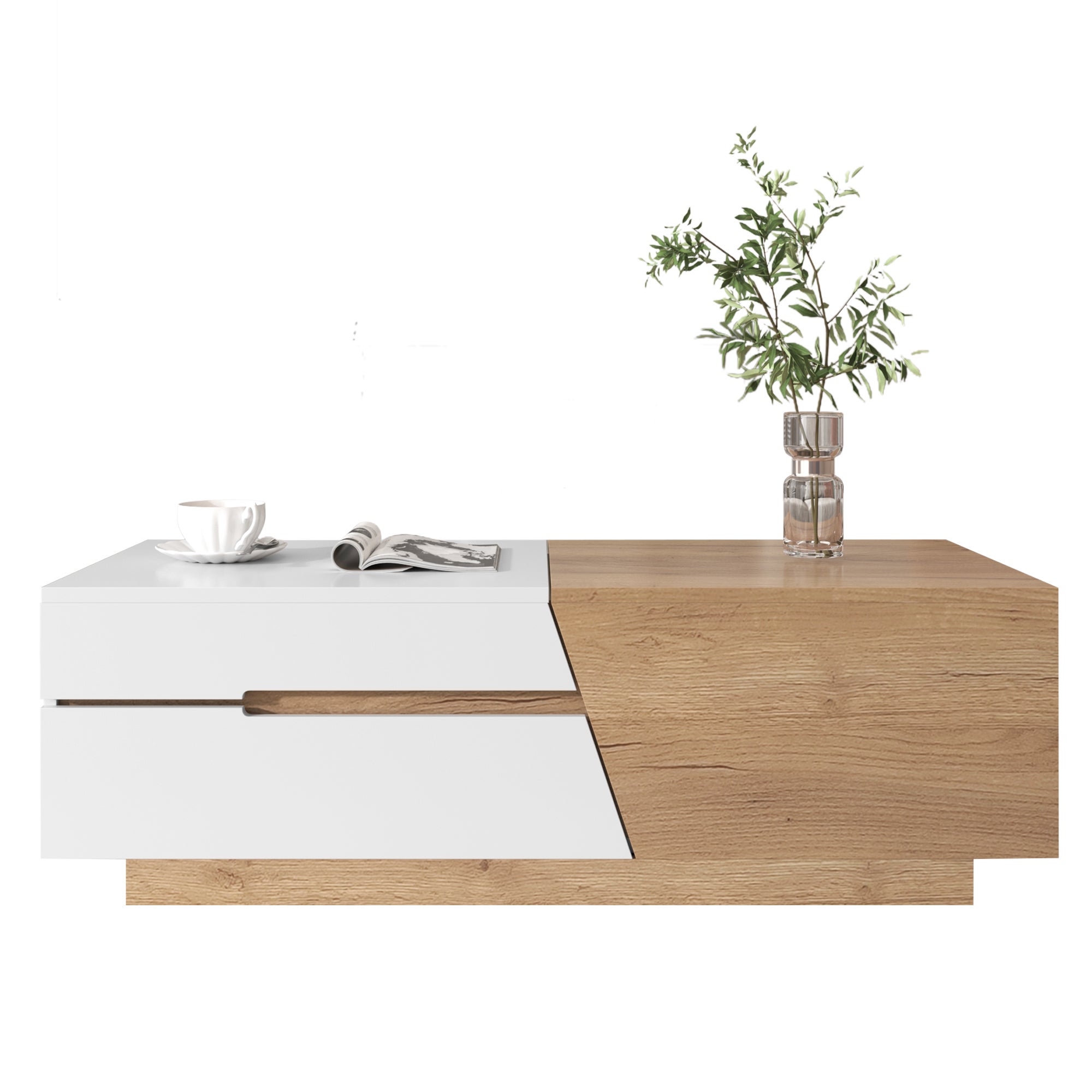 Table basse extensible avec 2 tiroirs - 120 x 50 x 37.5 cm - Panneaux de particules - Blanc + naturel - 8