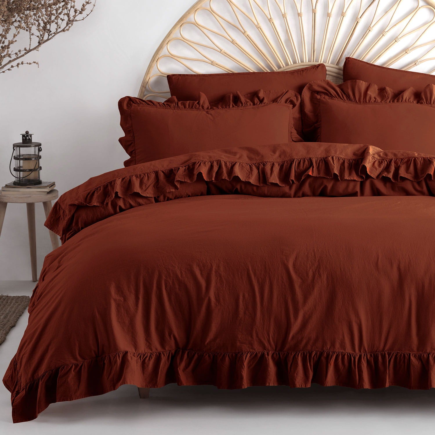 Pościel bawełniana z falbanką 160x200 Stonewashed Exclusive, Smoke Pablica, czerwona - Limasso