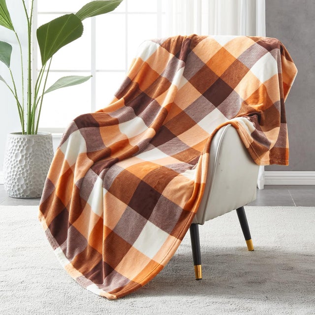 Couverture Plaid Polaire Lit pour Canapé en Molleton, Couverture Jeté en Flanelle à Carreaux Toute Saison 150 x 200 cm, Orange
