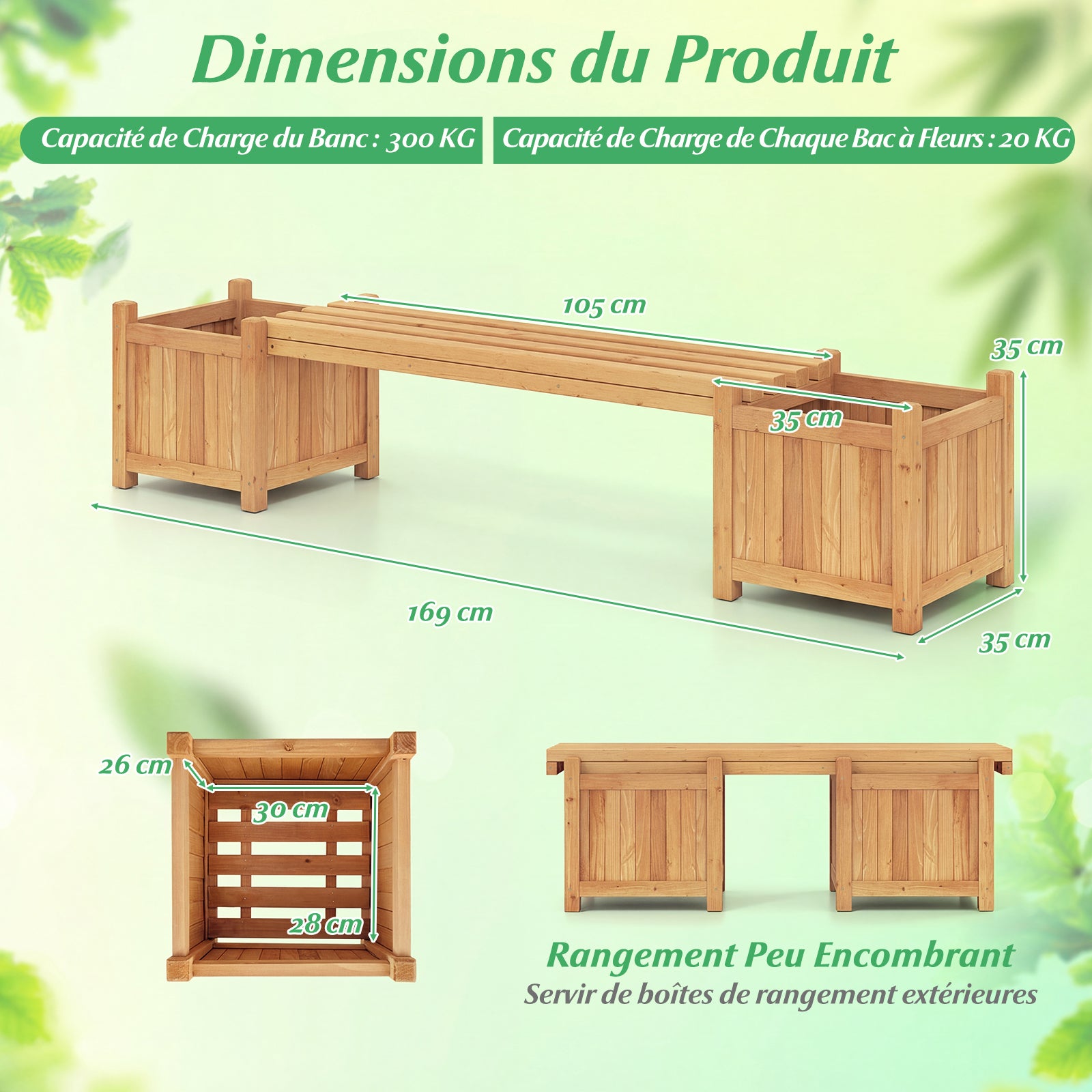Jardinières d'Extérieur avec Banc 169 x 35 x 35 cm, Bac à Fleurs en Bois Massif Finition Huile de Teck Base Ouverte, Lit de Jardin Surélevé, Naturel - 3