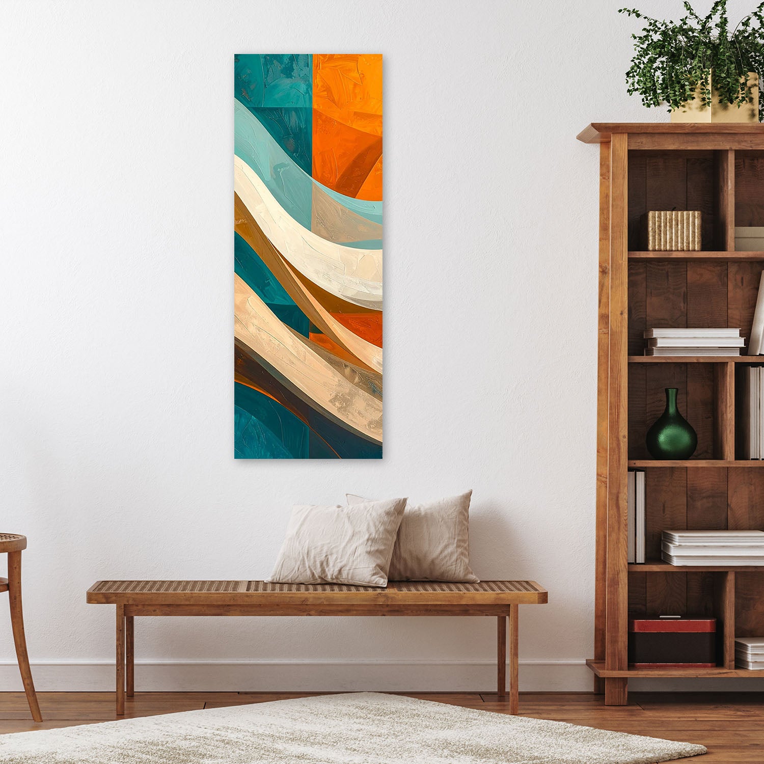 Obraz do salonu sypialni biura, Fale abstrakcja turkusowy i pomarańczowy 30x90 - 2