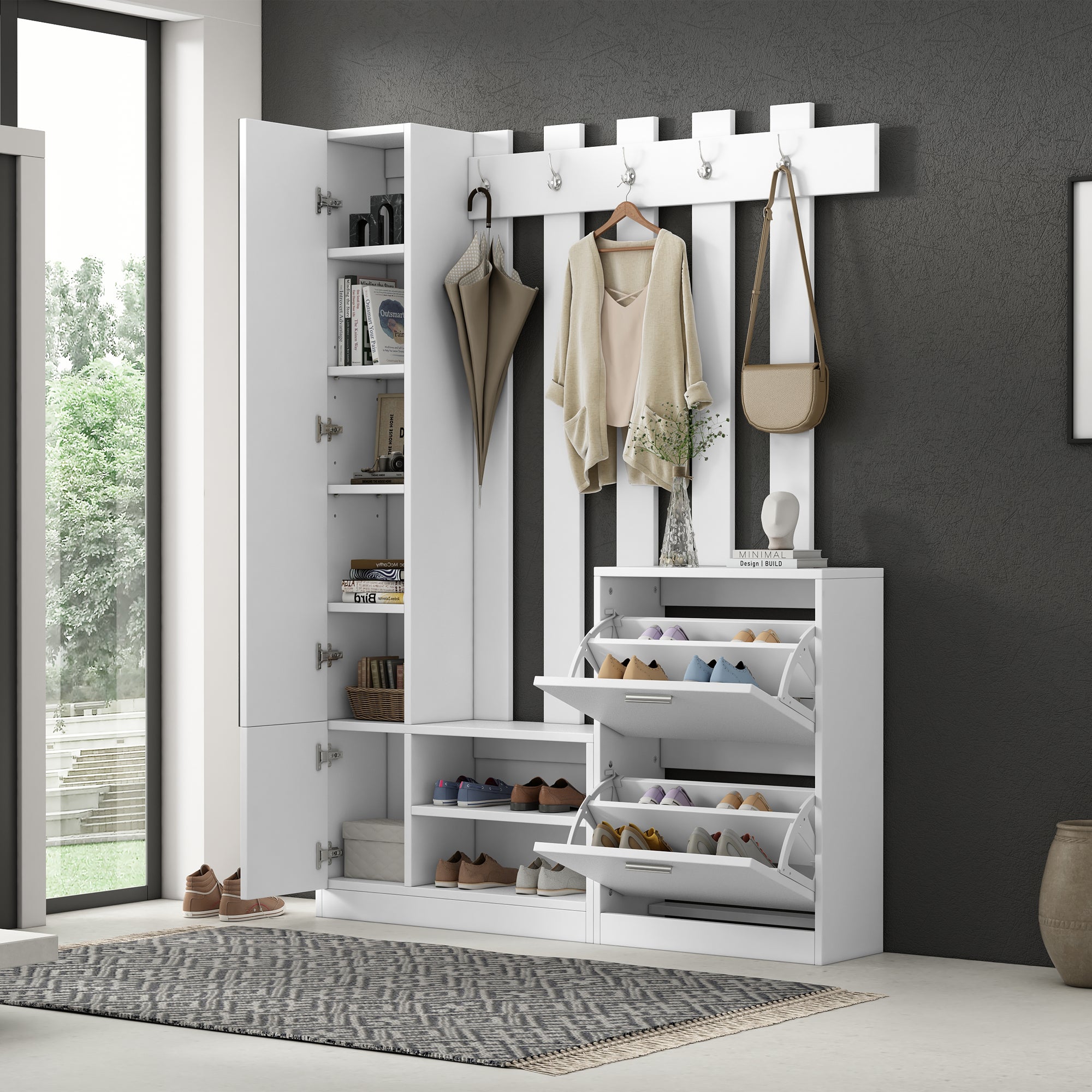 Meuble d'Entrée avec Miroir et 2 Meubles à Chaussures , 135x25x180 cm , Blanc - 3