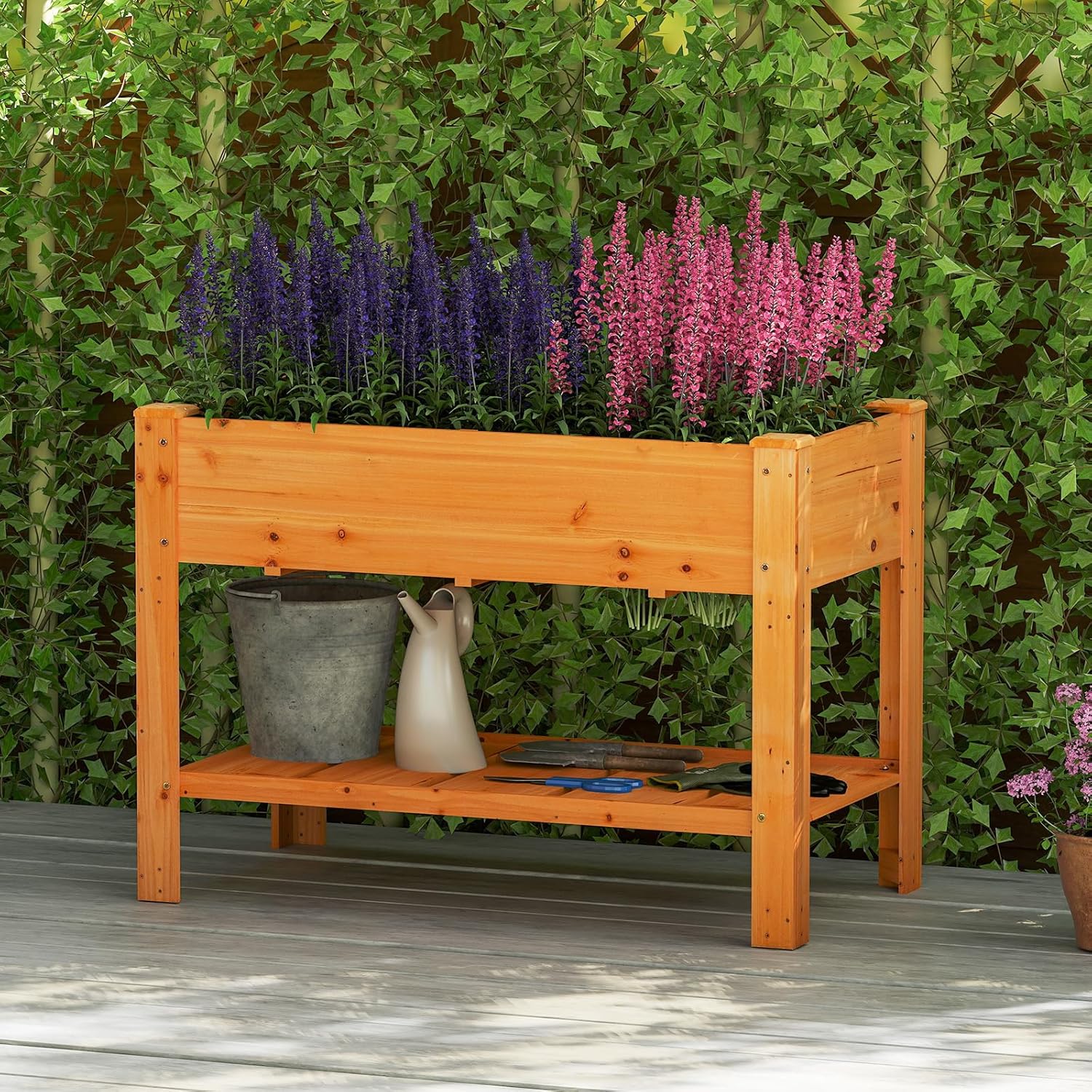 Jardinière Surélevé en Bois avec Trou de Drainage, Lit de Jardin avec Pieds et Étagère, Bac de Culture pour Plantes Fleurs Végétaux (Marron) - 9