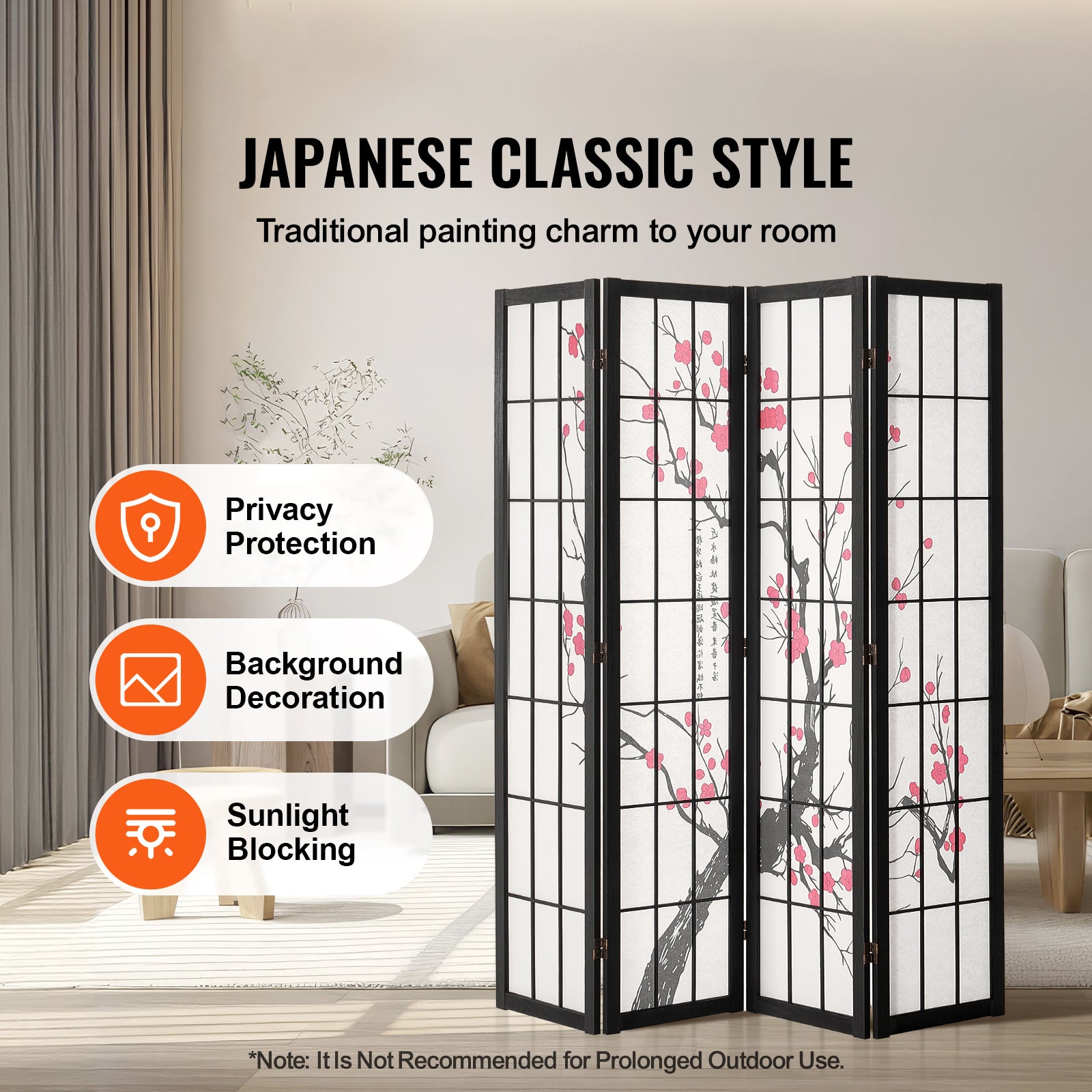 Cloison de séparation,SucceBuy paravent japonais à 4 panneaux,paravent de confidentialité pliable pour intérieur,cloison japonaise portable - 4