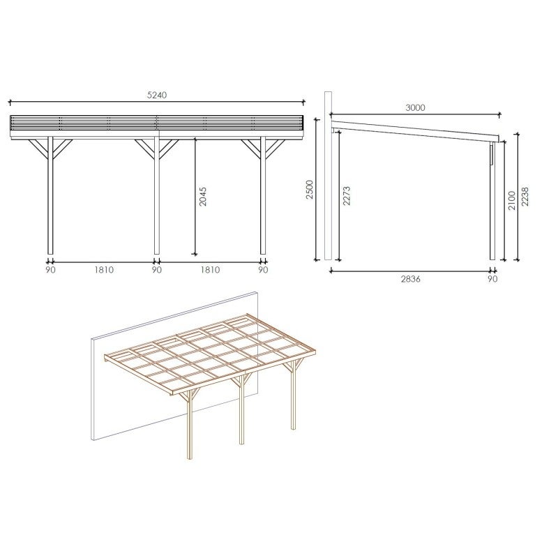 Carport, abri de voiture 3x5.24 m - 15 m2 - adossé&nbsp; - CAR7-2 - ALTANKA - 7