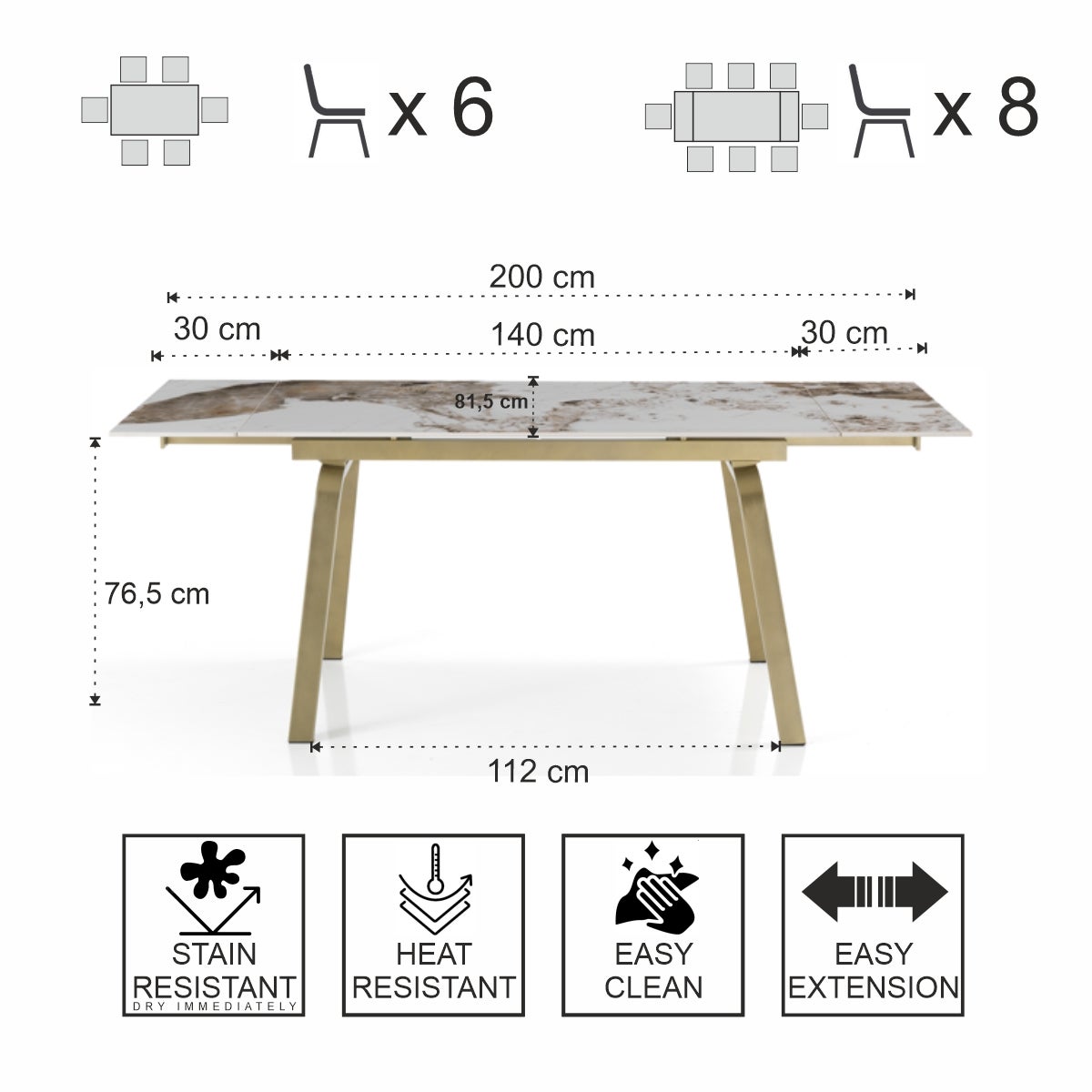 Rozkładany stół TRUST ONICE GOLD z marmuru ceramicznego i metalu w kolorze złotym 140/200x81,5x76,5 cm jadalniany - 8