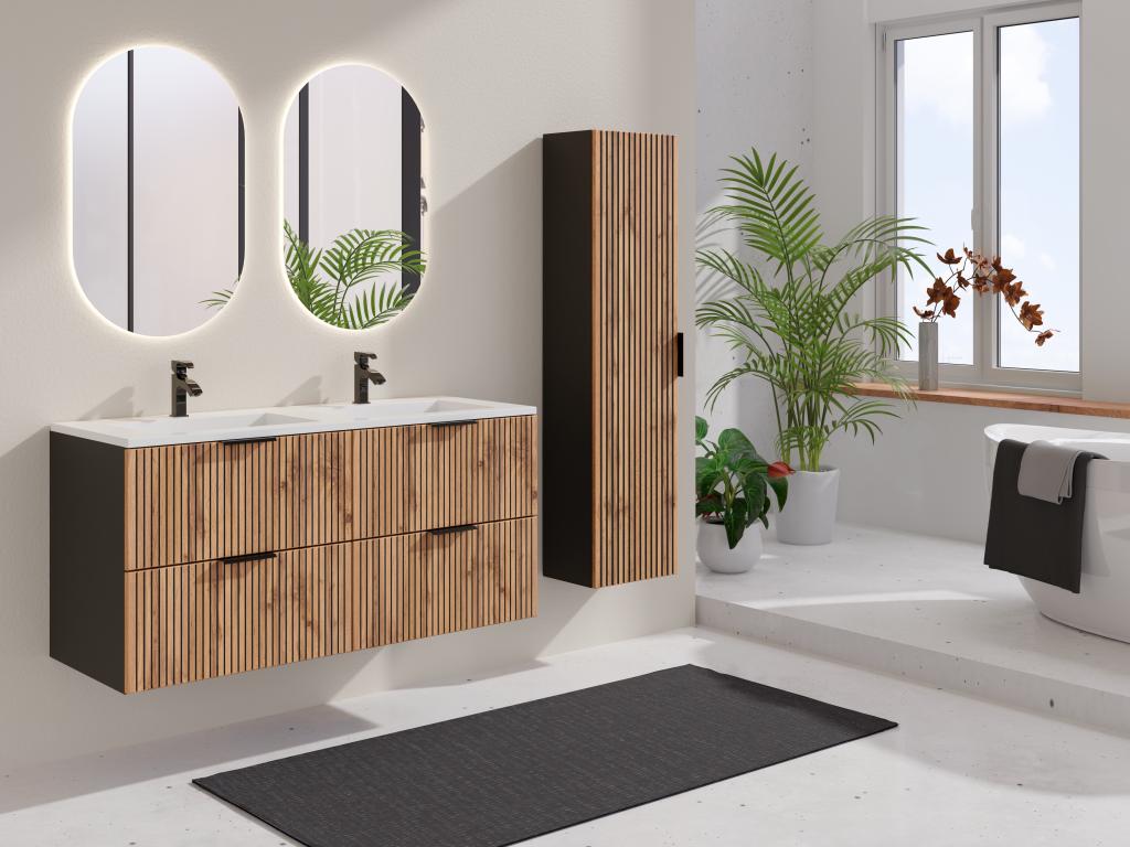 Meuble de salle de bain suspendu strié avec vasque à encastrer avec