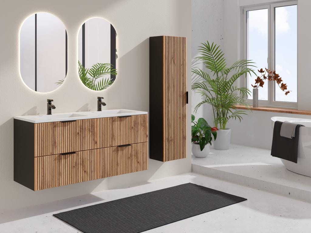 Meuble de salle de bain suspendu strié avec vasque à encastrer avec