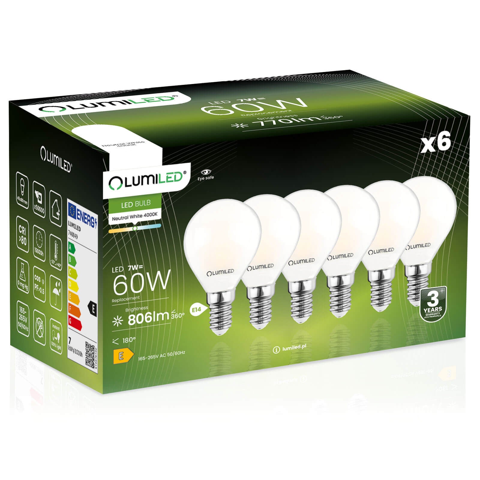 6x Żarówka Lumiled LED E14 Kulka P45 7W = 60W 806lm 4000K Neutralna 360st Filament