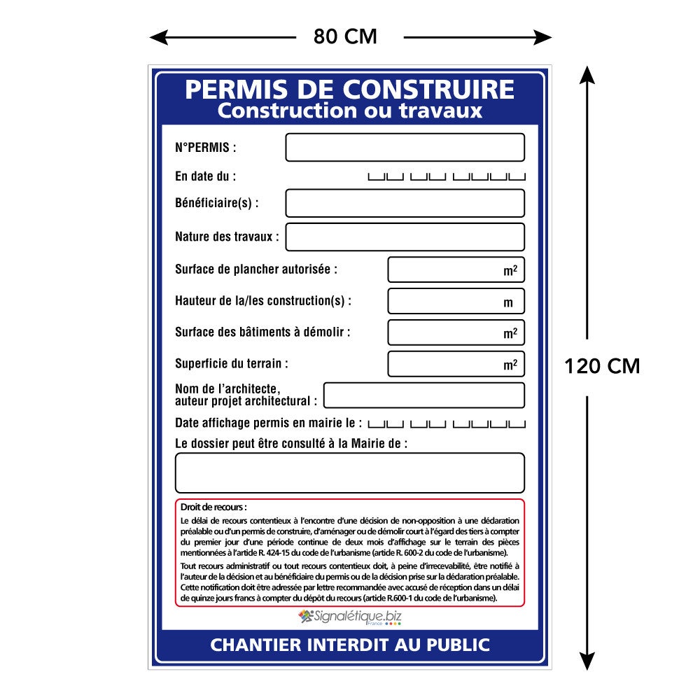 Panneau permis de construire, construction ou travaux + marqueur noir - Sans oeillets - 4