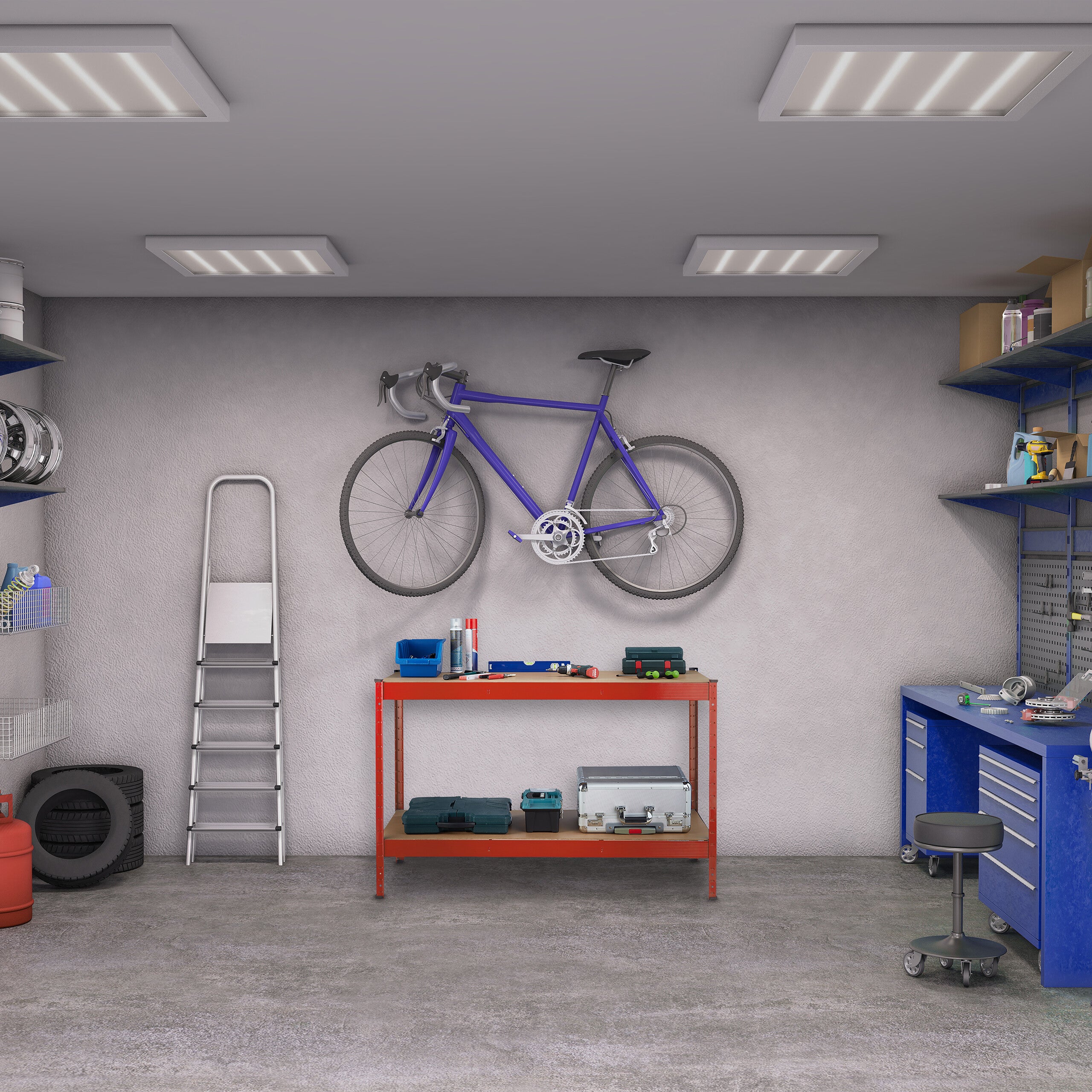 Banc de travail, 600 kg, HxLxP : 91 x 141 x 61 cm, 2 niveaux réglables, table, acier & MDF, établi, rouge, Relaxdays - 2