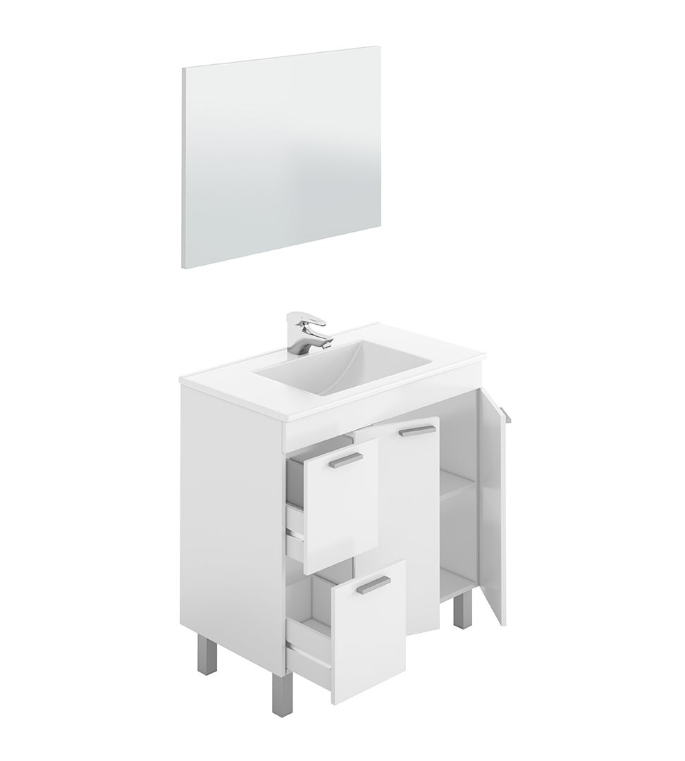 ONDEE ZEN - Meuble de salle de bain à poser AKTIVA - 80cm - Blanc - Mélaminé - Livré en kit - 4