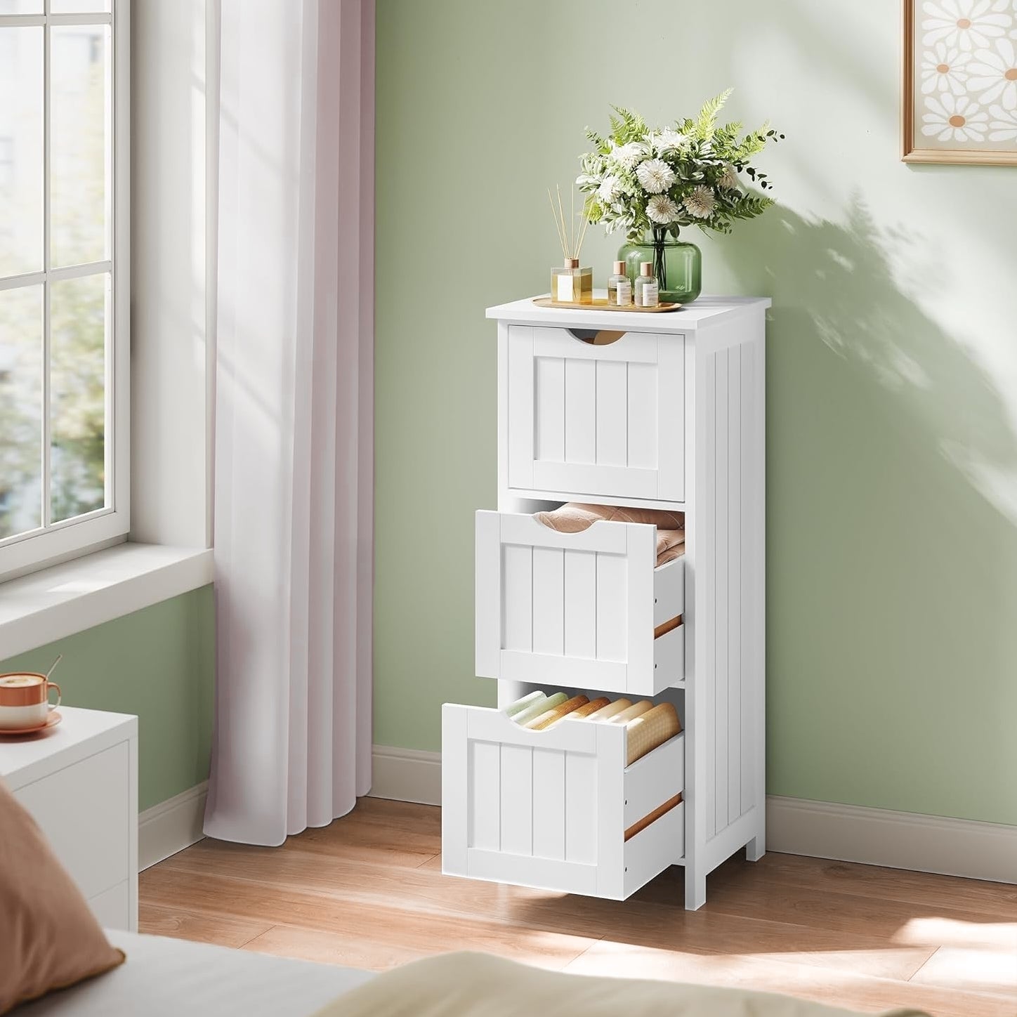 Commode Blanche 5 Tiroirs Avec Poignées Dorées - Meuble De Rangement Pour Chambre, Salon, Salle De Bain - 2
