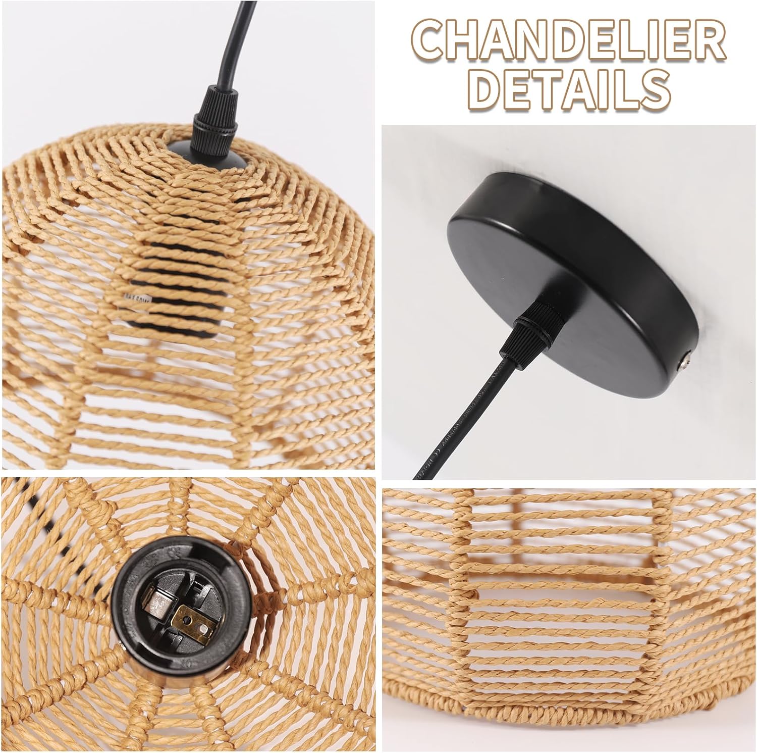 COMELY Suspension Luminaire Vintage en Rotin E27 Ø20 cm, Lustre Rétro Naturel pour Salon Chambre Cuisine Salle à Manger Café-Bar - 4