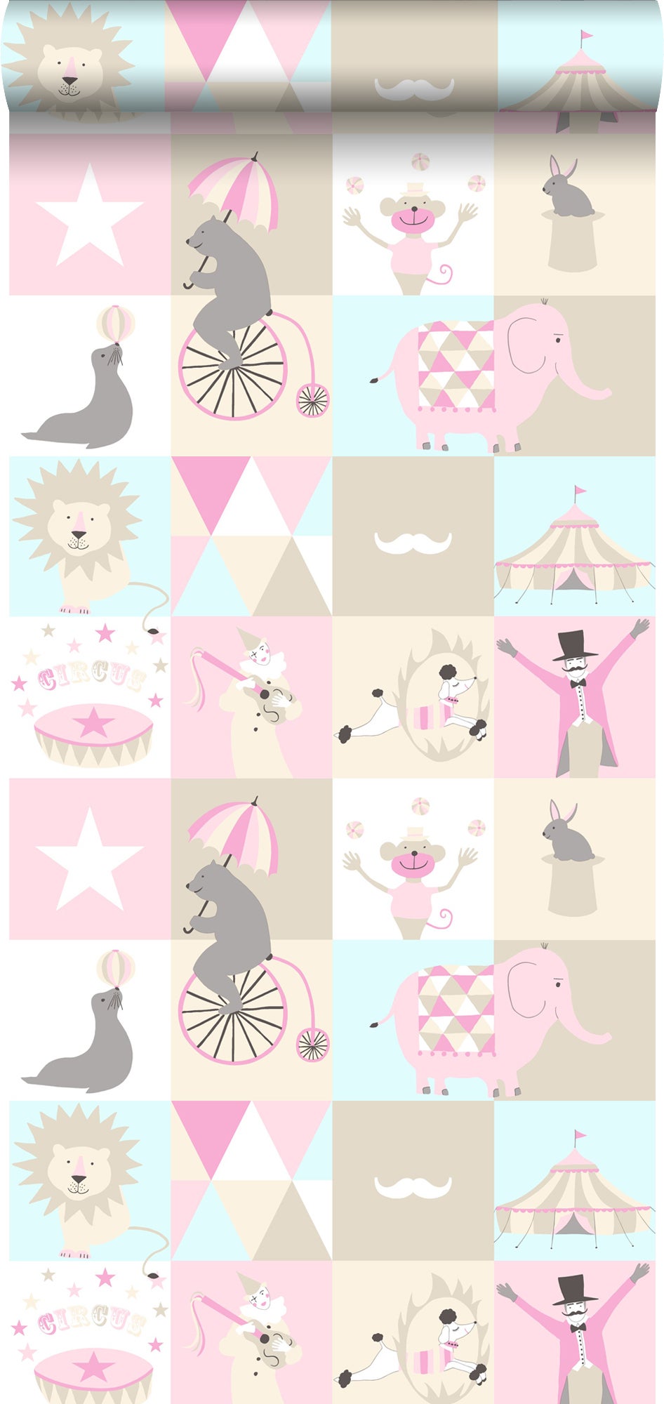 Papel pintado circo rosa claro, azul claro y beige - 53 cm x 10,05 m - estahome