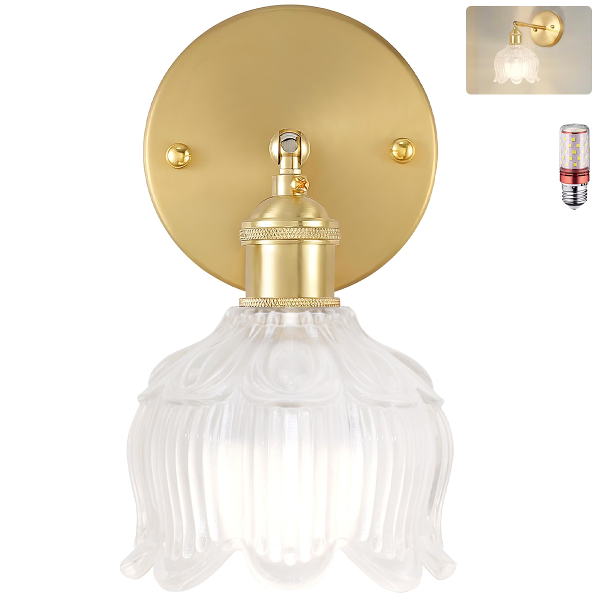 Aplique de pared con bombilla, lámpara de noche vintage, aplique de pared para espejo de baño, lámpara de pared con flores y pantalla de cristal