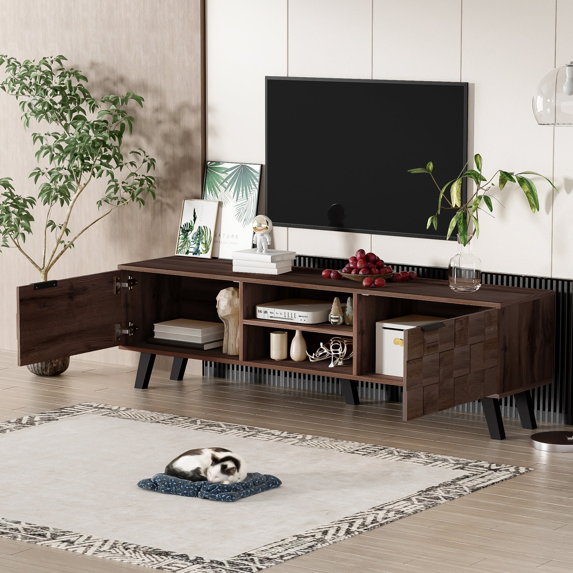 Nowoczesne meble pod TV - z 2 frontami i 2 otwartymi przegródkami - Brązowy - 2