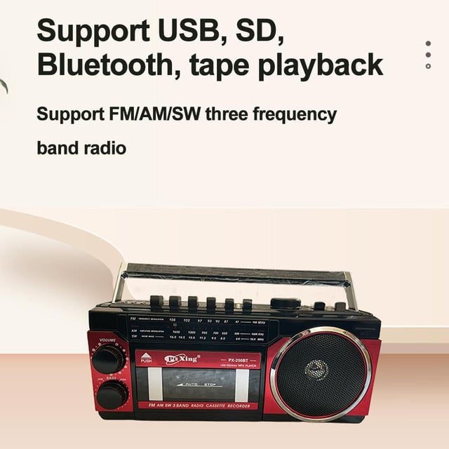 Radio portable Bluetooth bande complète FM/AM/SW, rouge rétro, SD USB jack 3,5mm, puissance élevée, son HD, lecture cassette