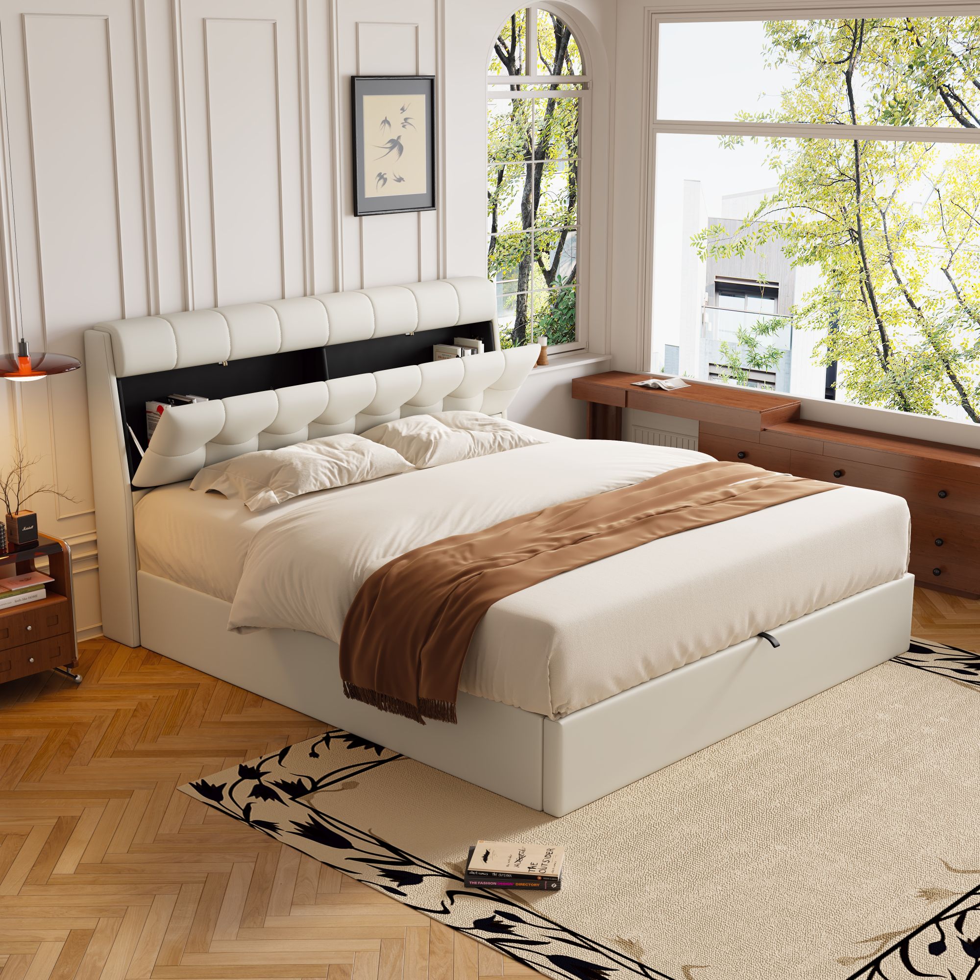 Elegante cama con almacenaje 160 x 200 cm - Estante oculto en el cabecero - Polipiel - Somier de láminas - Blanco - 4
