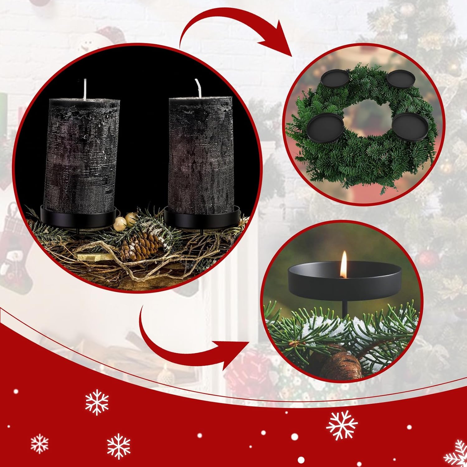 Bougeoir en Métal Noir 8cm avec Pic de Fixation - Lot de 4 Supports pour Bougies de Noël, Décorations de Table pour Advent et Fêtes - 5