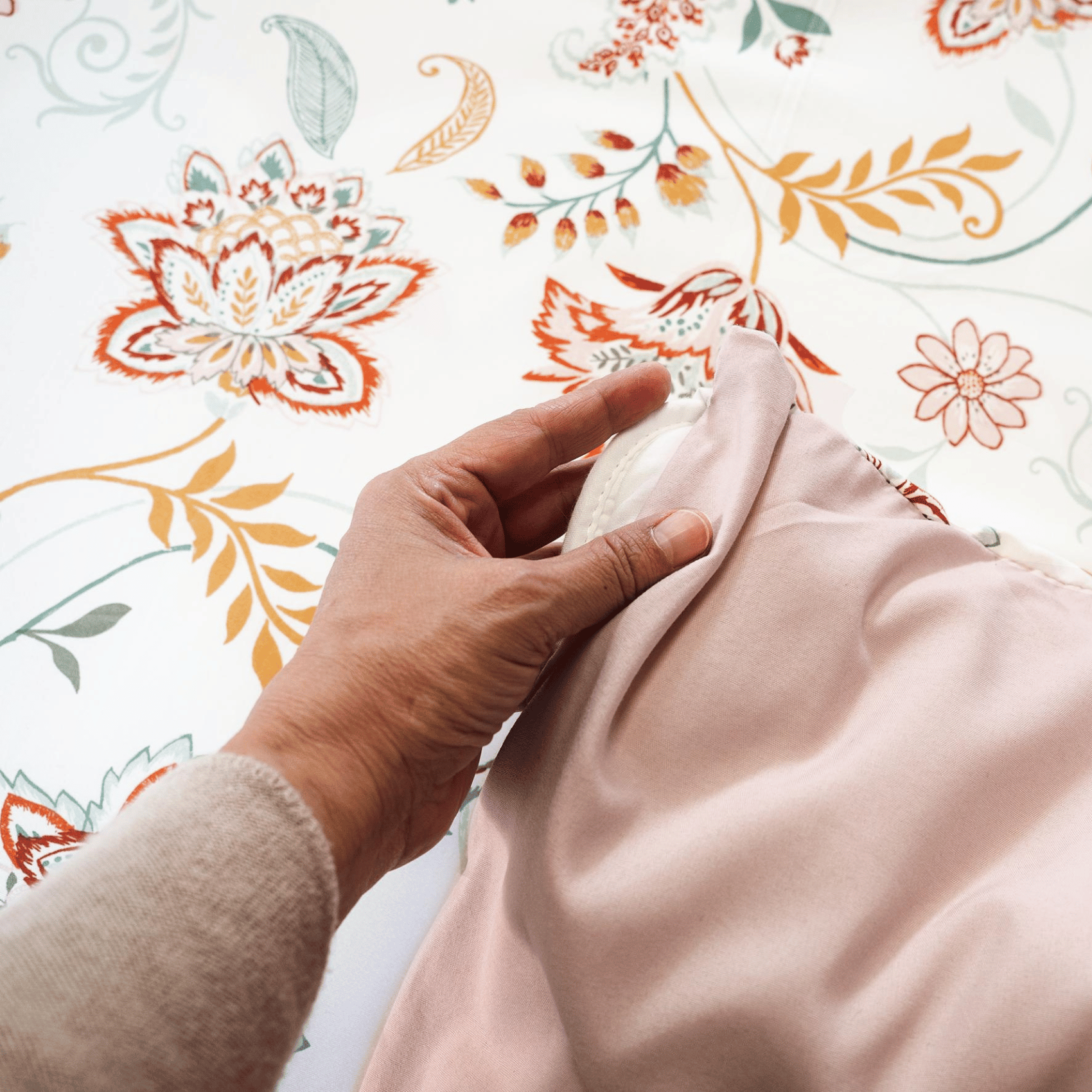 Parure de lit 3 pièces à fleurs réversible - Rose poudré - 240x220 cm - Microfibre - 3