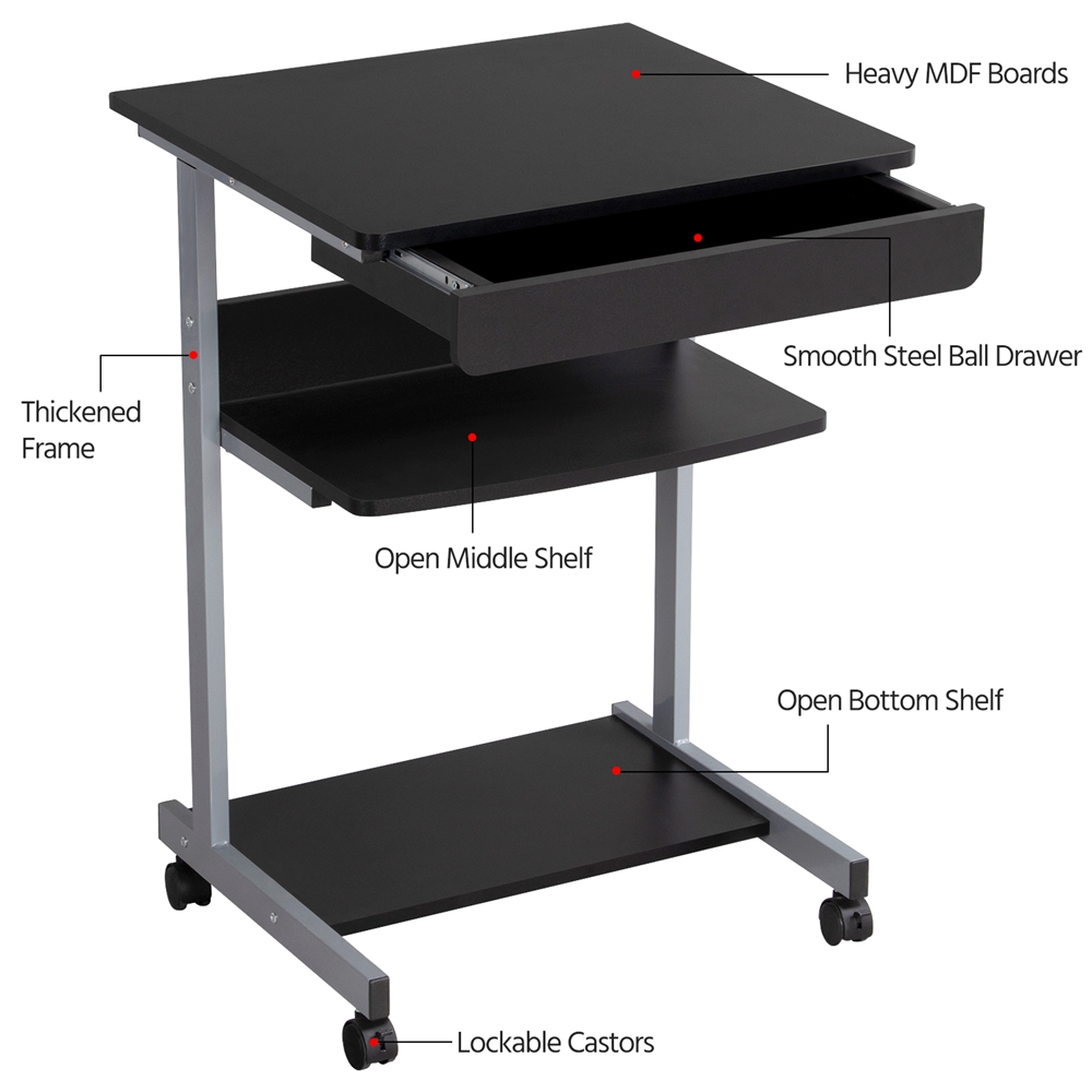 Bureau d'ordinateur Portable en Métal avec Roulettes et Tiroir Étagères de Rangement, Noir Yaheetech - 6