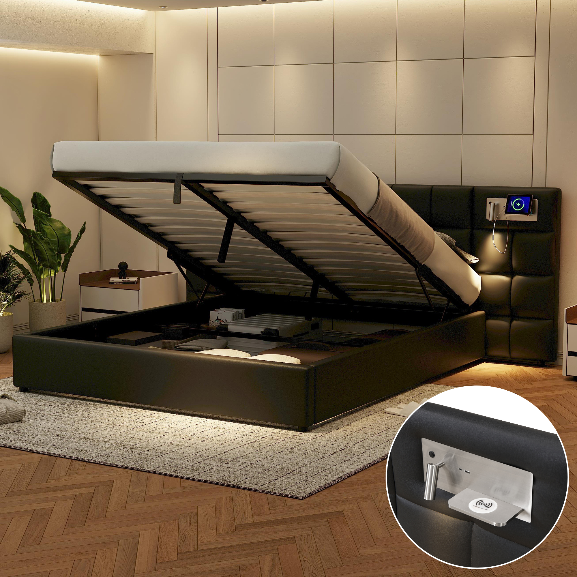 Cama contenedor de tela ecopiel 180x200 cm - con puerto USB, carga inalámbrica y LED - con somier - Negro - 3