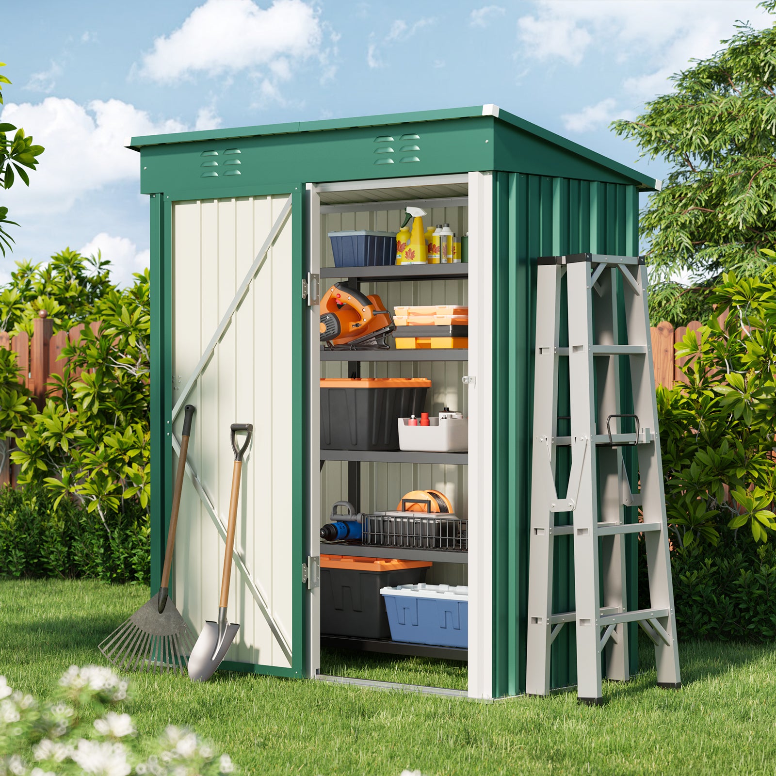 Caseta de Jardín de Metal 162x95x182 cm, Casa de Equipos Verde con Construcción Estable para el Jardín Bealife - 8