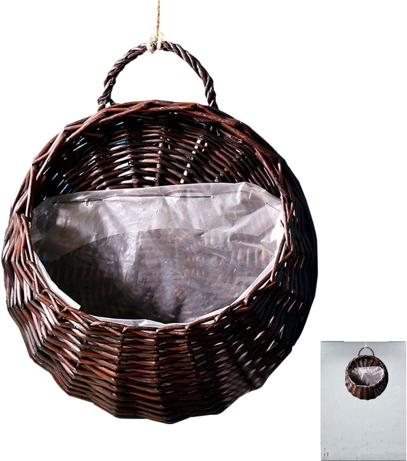 Wiszący kosz wiklinowy, ręcznie robiony wiklinowy kosz na kwiaty - plecione wiszące kosze na kwiaty, dekoracje na drzwi wejściowe lub ściany